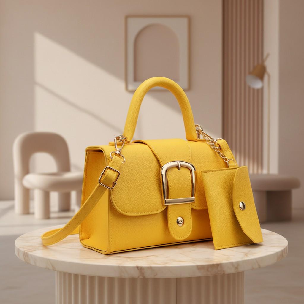 Yellow Handbag for Women, Structured Shoulder Bag, Top Handle Crossbody Purse, Buckle Detail Everyday Bag
