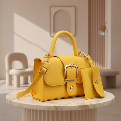 Yellow Handbag for Women, Structured Shoulder Bag, Top Handle Crossbody Purse, Buckle Detail Everyday Bag