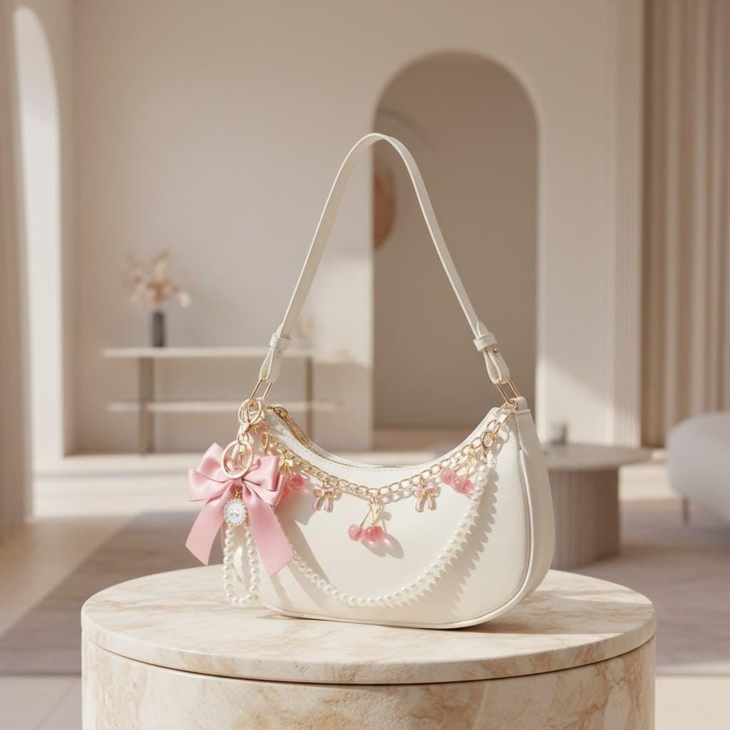 White Coquette Shoulder Bag, Pearl Bow Cherry Purse, Y2K Baguette Handbag, Kawaii Summer Crossbody