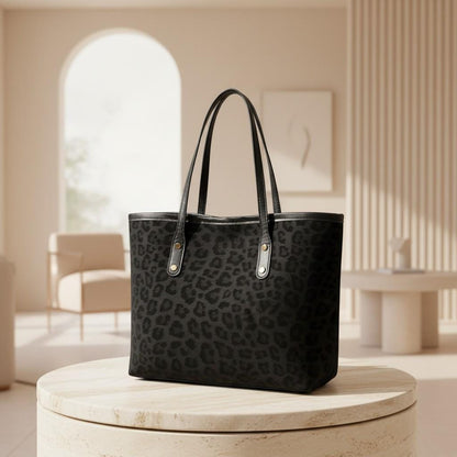 Leopard Print Tote Bag, Black Animal Print Handbag, Leopard Shoulder Bag, Large Everyday Tote, Matching Pouch, Women's Purse