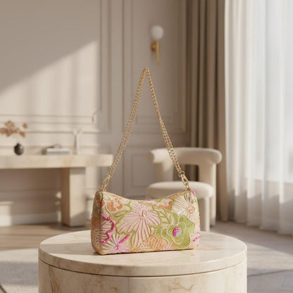 Floral Embroidered Shoulder Bag, Pastel Baguette Purse, Chain Strap Handbag, Boho Summer Bag