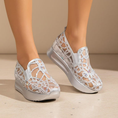 Silver Rhinestone Wedge Sneakers, Women's Sparkle Platform Wedding Shoes