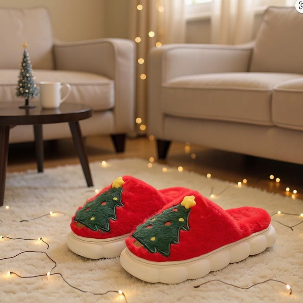 Christmas Tree Slippers, Red Fuzzy House Shoes, Cozy Holiday Slippers