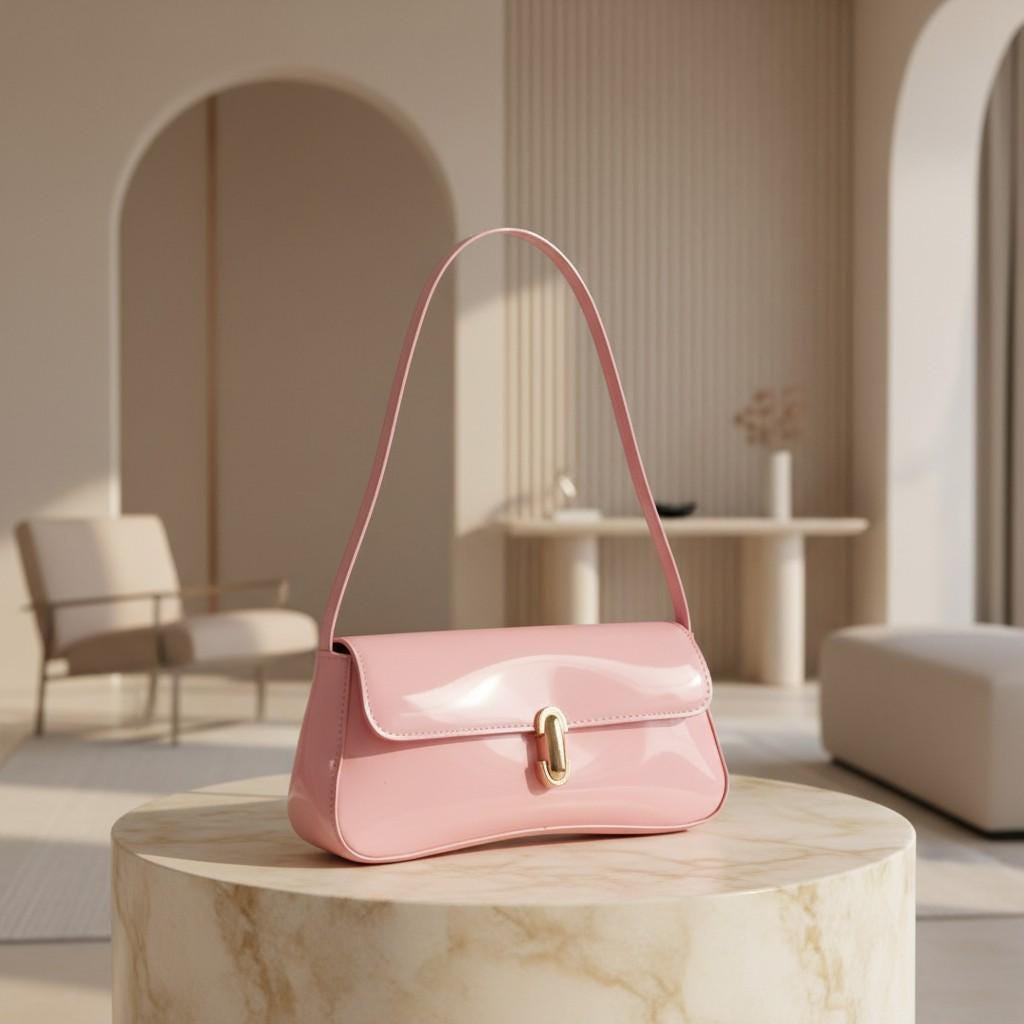 Pink Baguette Shoulder Bag, Glossy Pink Purse, Y2K Mini Handbag, Gold Buckle Shoulder Purse, Cute Pink Underarm Bag