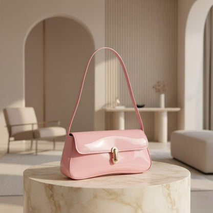 Pink Baguette Shoulder Bag, Glossy Pink Purse, Y2K Mini Handbag, Gold Buckle Shoulder Purse, Cute Pink Underarm Bag