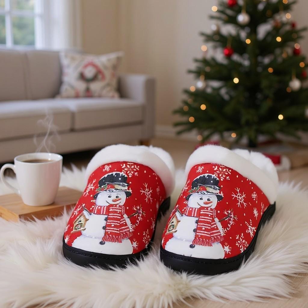 Snowman Slippers, Christmas House Shoes, Cozy Fuzzy Holiday Slippers