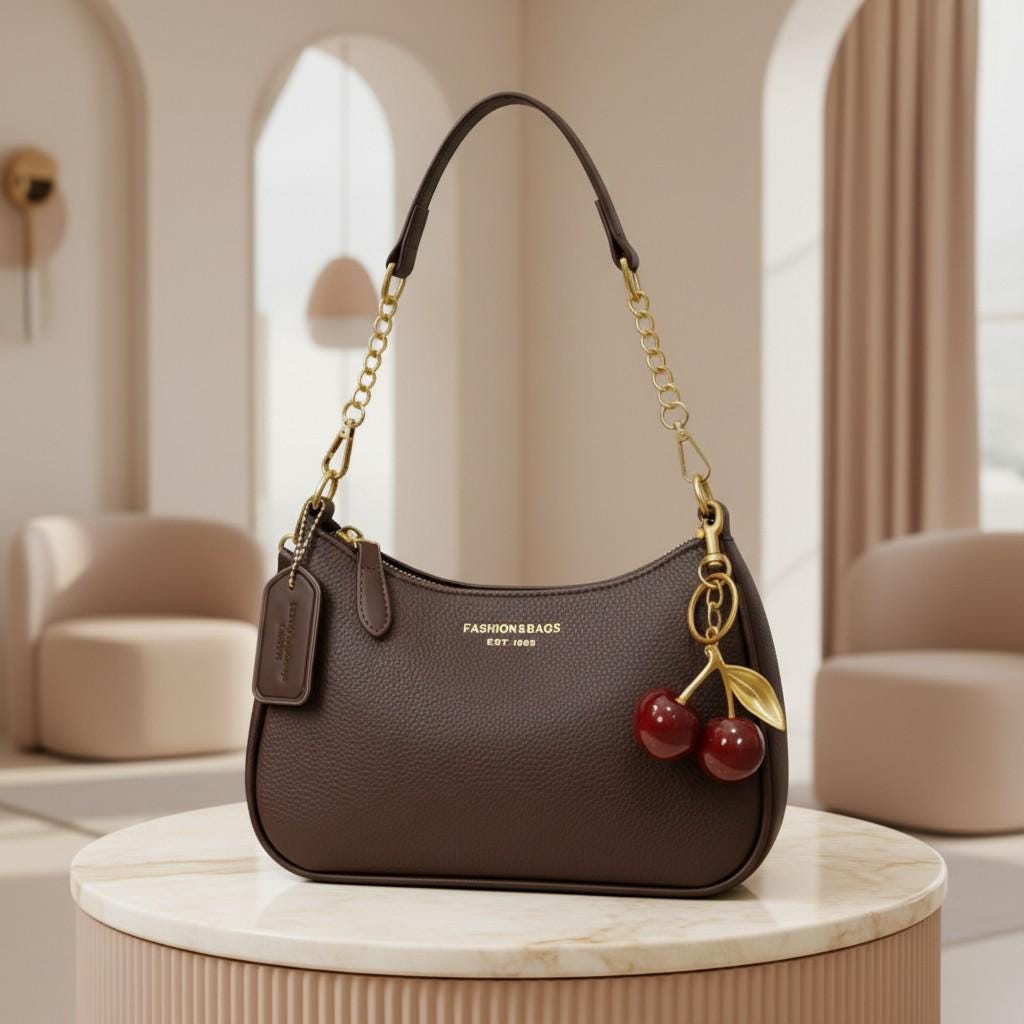 Brown Cherry Shoulder Bag, Chocolate Baguette Purse, Cherry Charm Handbag, Gold Chain Bag, Y2K Brown Purse, Cute Vintage Bag