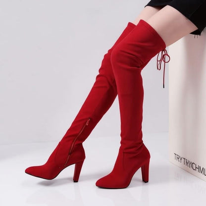 Red Over The Knee Boots, Slouchy High Heel Boots, Tall Red Boots, Women's Statement Fashion Shoes