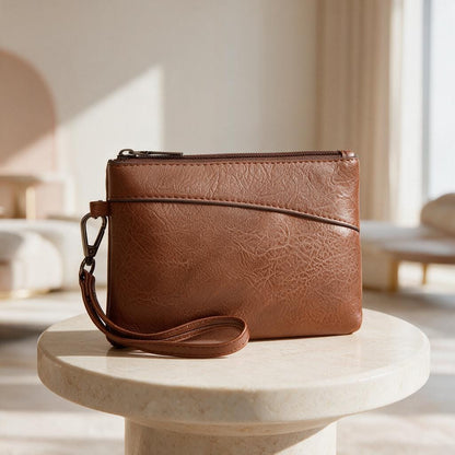 Brown Wristlet Clutch Bag, Leather Look Pouch Purse, Casual Brown Handbag, Zip Wristlet, Minimalist Everyday Clutch