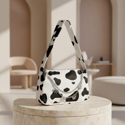 Cow Print Shoulder Bag, Black White Purse, Y2K Cow Pattern Handbag, Butterfly Chain Bag, Cute Animal Print Bag
