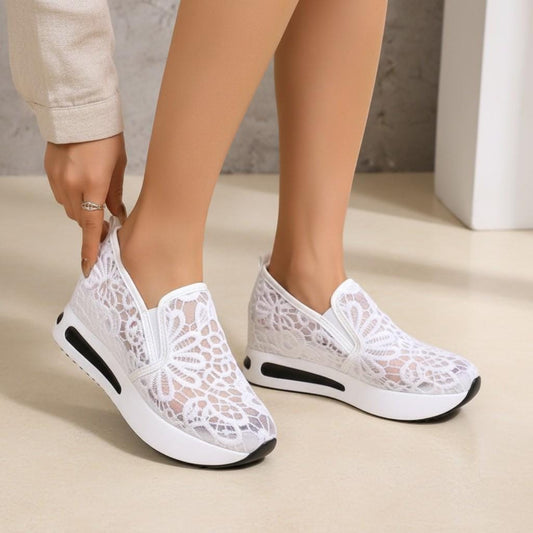 White Lace Wedge Sneakers, Women's Bridal Platform Shoes, Slip On Wedding Sneakers