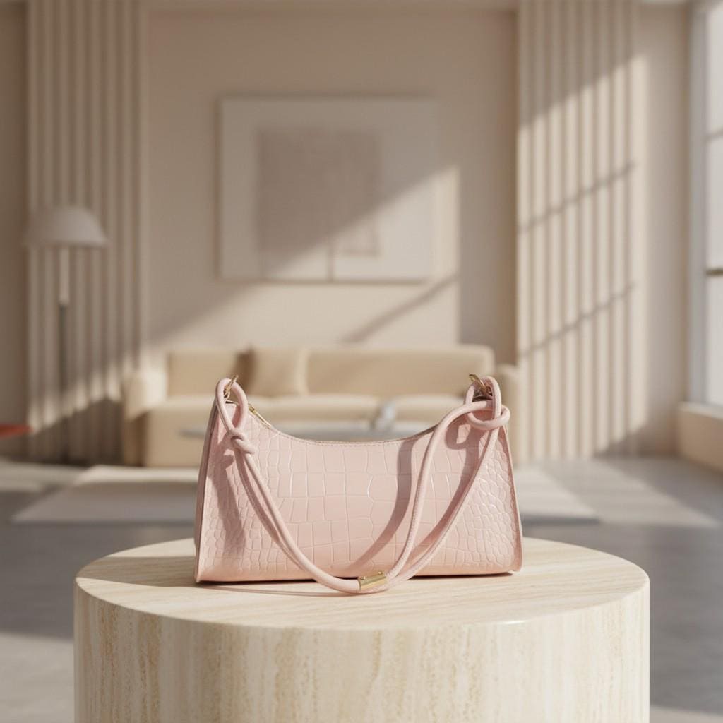 Pink Croc Baguette Bag, Soft Pink Shoulder Purse, Y2K Textured Handbag, Croc Embossed Crossbody Bag, Women's Pink Purse