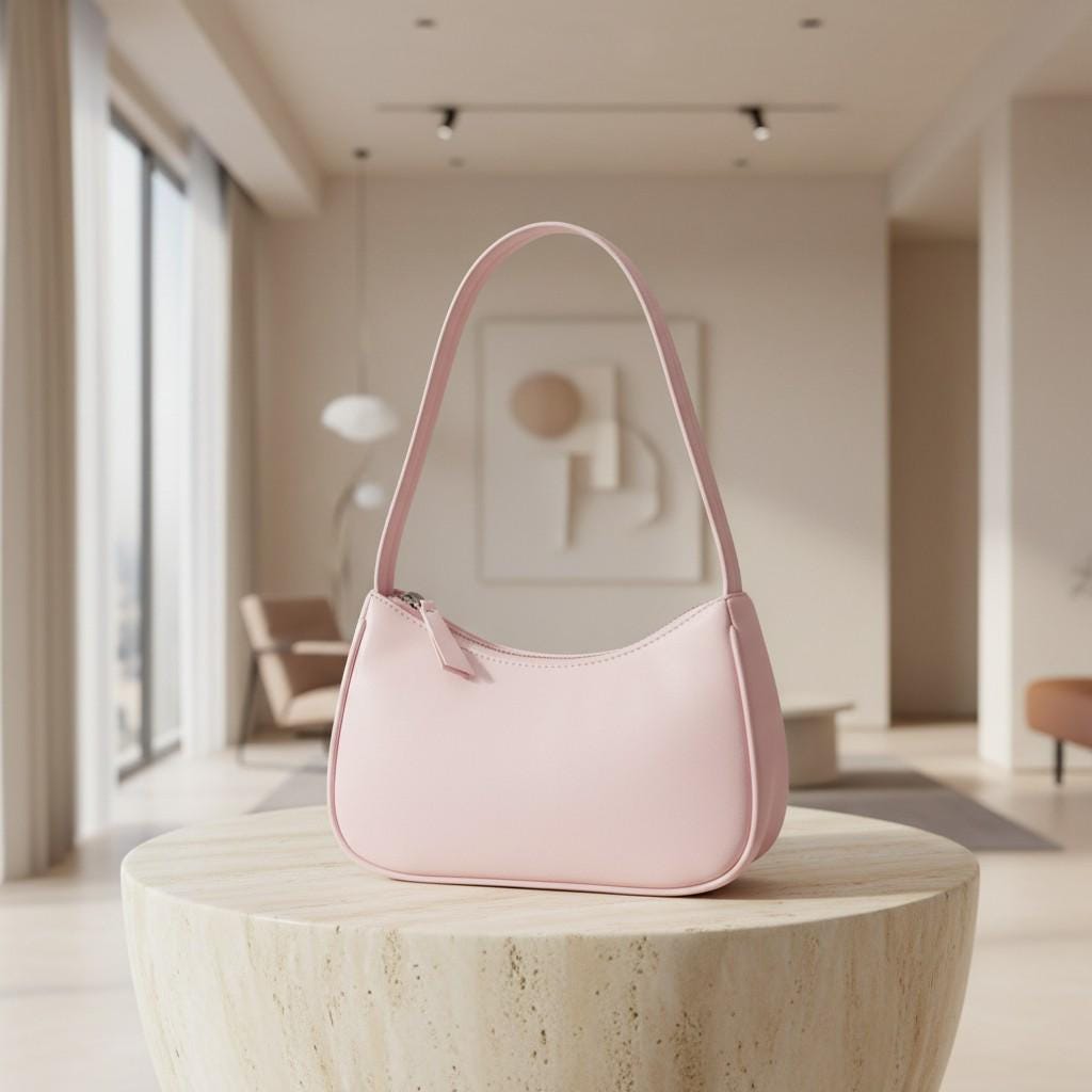 Pink Baguette Shoulder Bag, Cute Y2K Purse, Soft Pink Underarm Handbag, Minimalist Women's Small Shoulder Bag