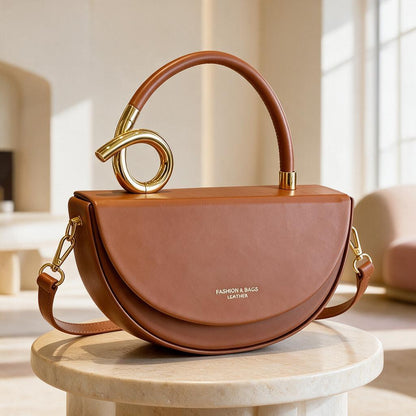 Brown Half Moon Shoulder Bag, Structured Top Handle Purse, Crescent Crossbody Handbag, Caramel Everyday Bag, Gold Accent Purse