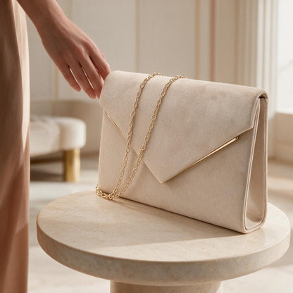 Ivory Clutch Bag, Cream Envelope Purse with Gold Chain, Elegant Evening Bag, Wedding Guest Handbag, Bridal Party Purse
