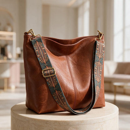 Brown Hobo Shoulder Bag, Boho Patterned Strap Purse, Slouchy Handbag, Adjustable Strap Bag, Casual Everyday Bag