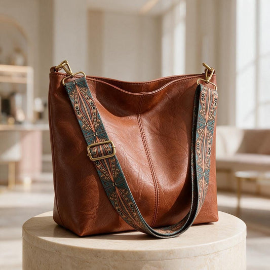 Brown Hobo Shoulder Bag, Boho Patterned Strap Purse, Slouchy Handbag, Adjustable Strap Bag, Casual Everyday Bag