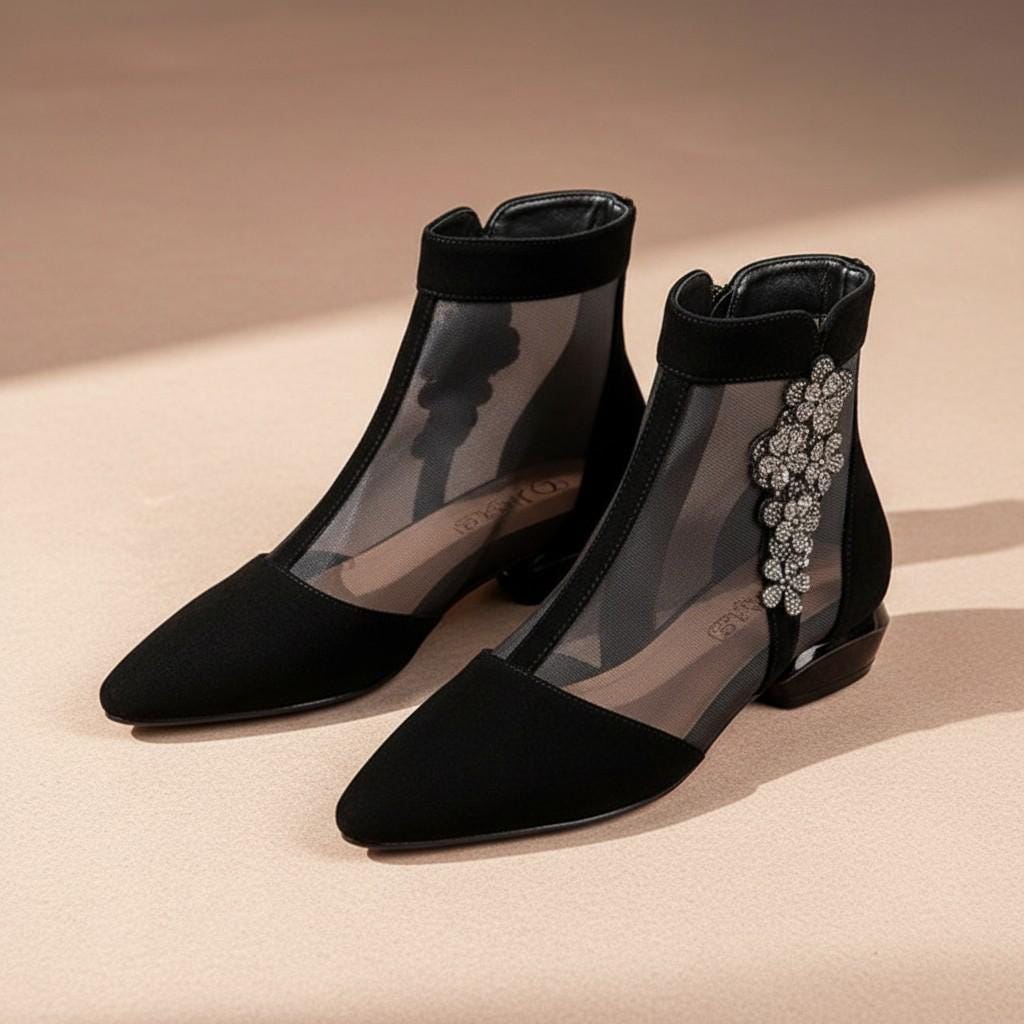 Black Mesh Ankle Booties for Women, Pointed Toe Low Heel Shoes, Embellished Dress Boots