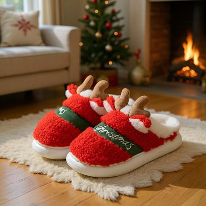 Reindeer Christmas Slippers, Fuzzy Holiday Slides, Plush Cozy House Shoes