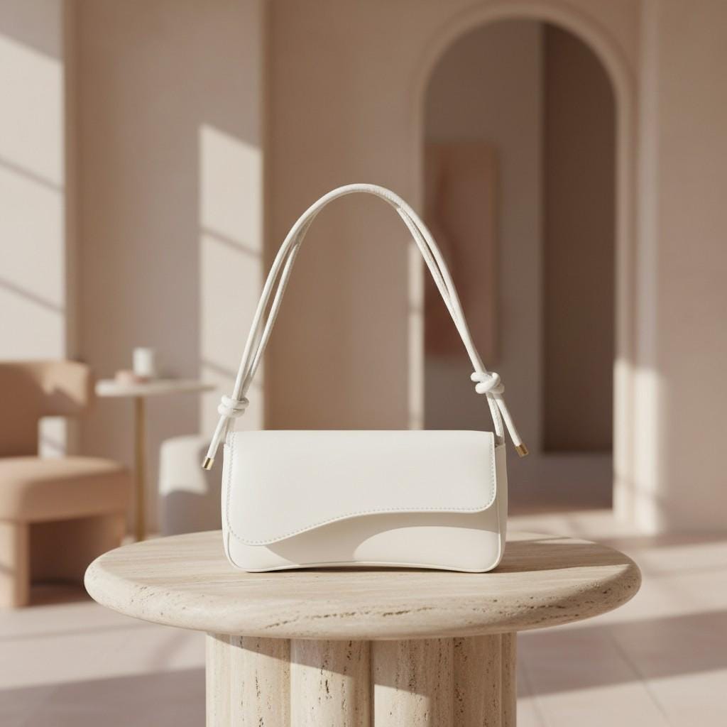 White Flap Shoulder Bag, Minimalist Handbag, Knotted Strap Purse, Small Underarm Bag, Elegant Everyday Bag