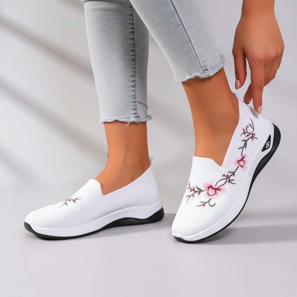 Floral Embroidered Slip On Sneakers, Women's White Knit Shoes, Casual Summer Sneakers