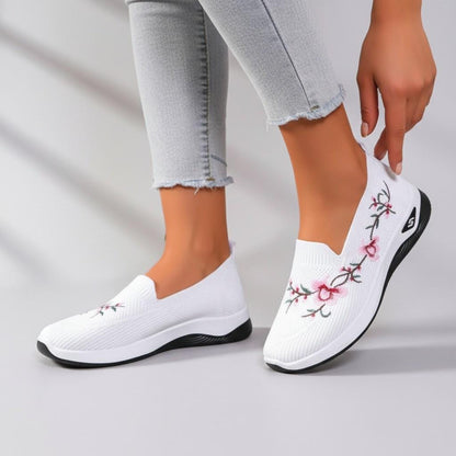 Floral Embroidered Slip On Sneakers, Women's White Knit Shoes, Casual Summer Sneakers