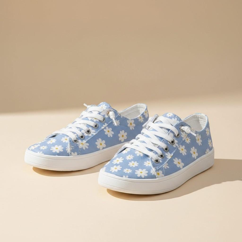 Blue Daisy Sneakers for Women, Floral Low Top Shoes, Lace Up Casual Footwear