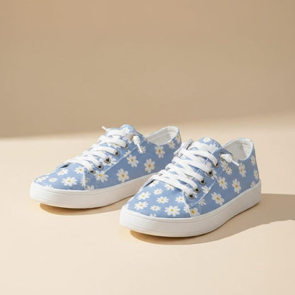 Blue Daisy Sneakers for Women, Floral Low Top Shoes, Lace Up Casual Footwear