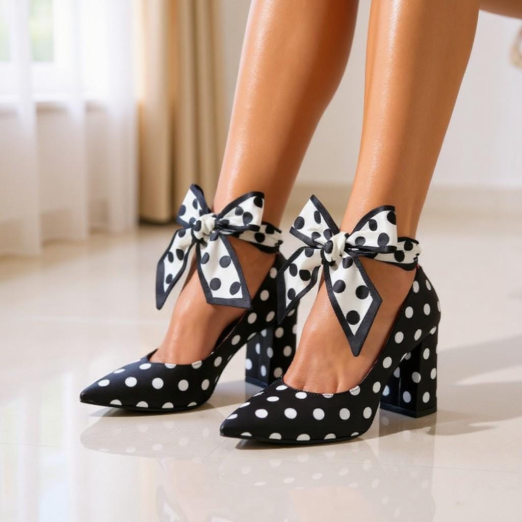 Black Polka Dot Heels, Bow Ankle Strap Pumps, Retro Block Heel Shoes
