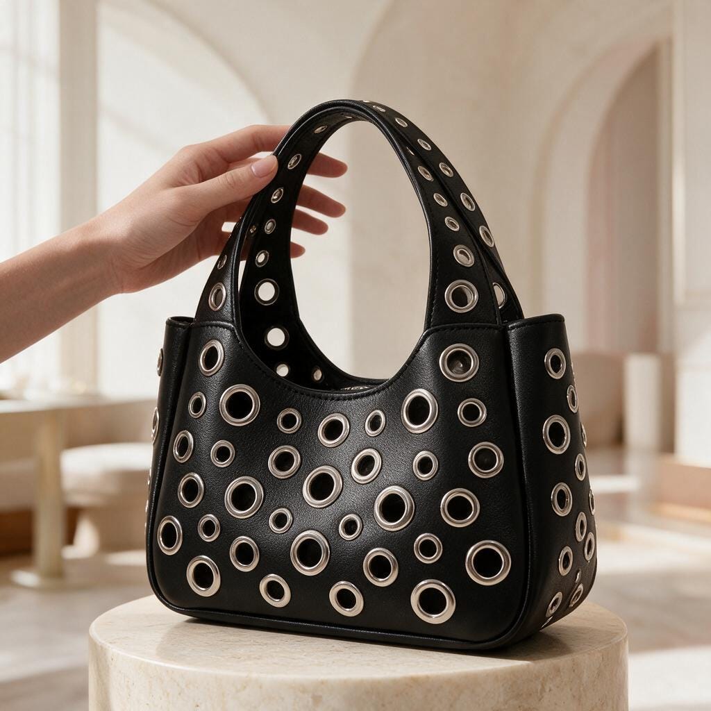 Black Grommet Handbag, Eyelet Shoulder Bag, Y2K Punk Purse, Studded Black Bag, Edgy Womens Shoulder Bag