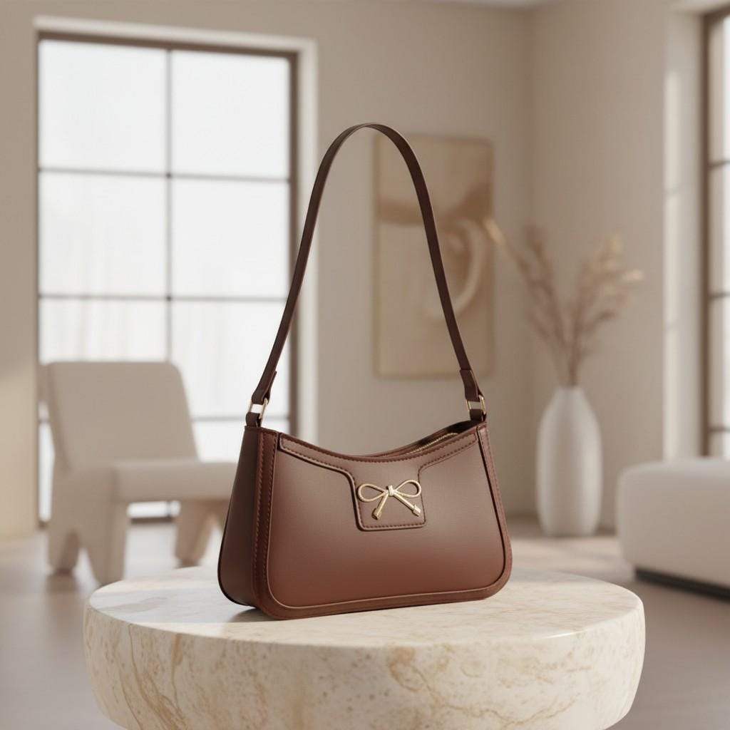 Brown Bow Shoulder Bag, Chocolate Baguette Purse, Gold Bow Handbag, Coquette Underarm Bag, Minimalist Everyday Purse