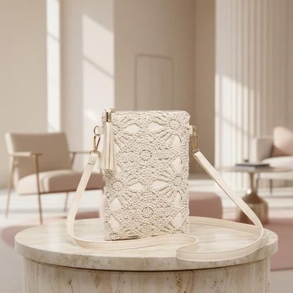 Cream Crochet Crossbody Bag, Lace Shoulder Purse, Boho Tassel Mini Bag