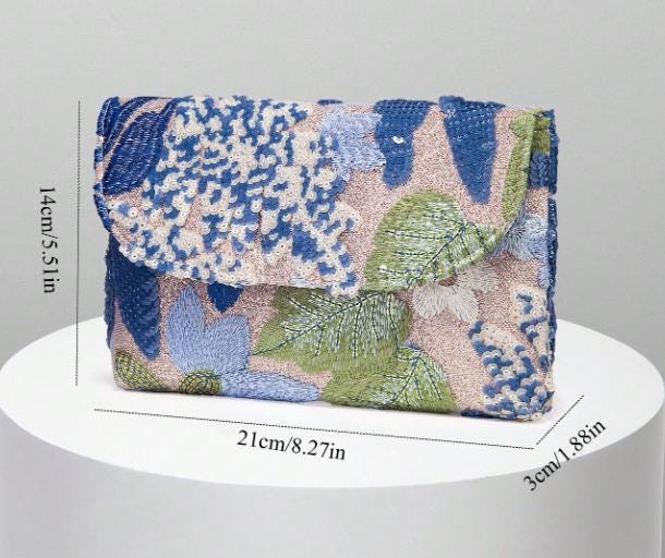 Blue Sequin Floral Clutch, Embellished Evening Bag, Gold Chain Shoulder Purse