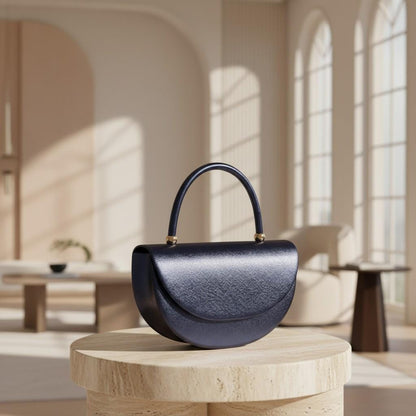 Navy Blue Half Moon Bag, Structured Top Handle Handbag, Crescent Purse, Elegant Dark Blue Flap Bag, Minimalist Handbag