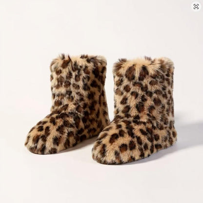 Leopard Fuzzy Boots, Faux Fur Ankle Boots, Cozy Winter Shoes for Women