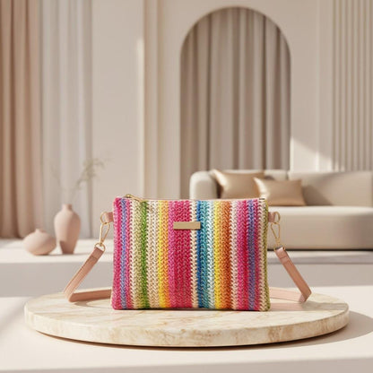 Multicolor Woven Crossbody Bag, Striped Shoulder Purse, Colorful Women's Bag