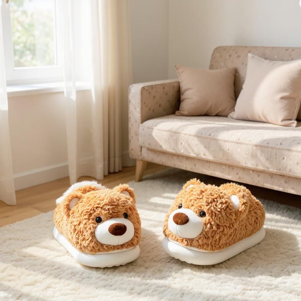Teddy Bear Slippers, Plush Brown Bear House Shoes, Fuzzy Cozy Slippers