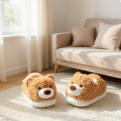 Teddy Bear Slippers, Plush Brown Bear House Shoes, Fuzzy Cozy Slippers