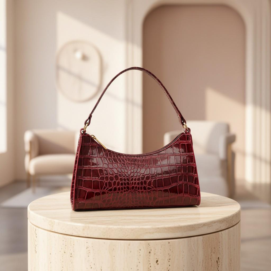 Burgundy Croc Embossed Shoulder Bag, Wine Red Baguette Purse, Y2K Handbag, Textured Crossbody Bag, Women's Trendy Bag