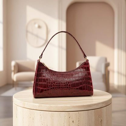 Burgundy Croc Embossed Shoulder Bag, Wine Red Baguette Purse, Y2K Handbag, Textured Crossbody Bag, Women's Trendy Bag