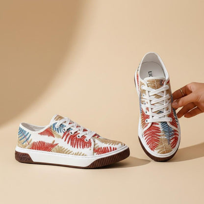 Botanical Leaf Sneakers, Women's Floral Canvas Shoes, Nature Inspired Low Top Sneakers, Colorful Casual Shoes, Gift for Her