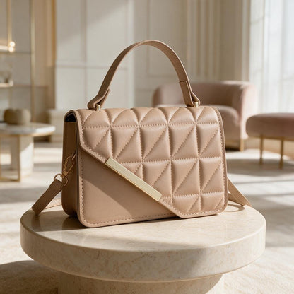 Nude Quilted Handbag, Beige Flap Shoulder Purse, Geometric Top Handle Bag, Elegant Crossbody Purse, Minimalist Womens Bag