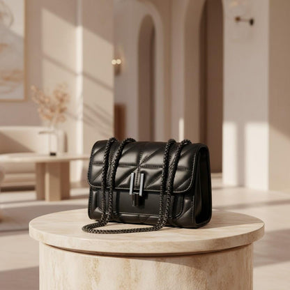 Black Quilted Shoulder Bag, Chain Crossbody Purse, Flap Handbag, Structured Black Bag, Women's Everyday Purse