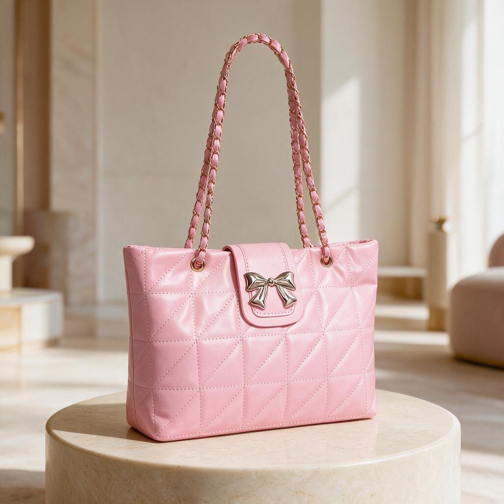 Pink Quilted Shoulder Bag, Bow Handbag, Chain Strap Purse, Cute Womens Pink Bag