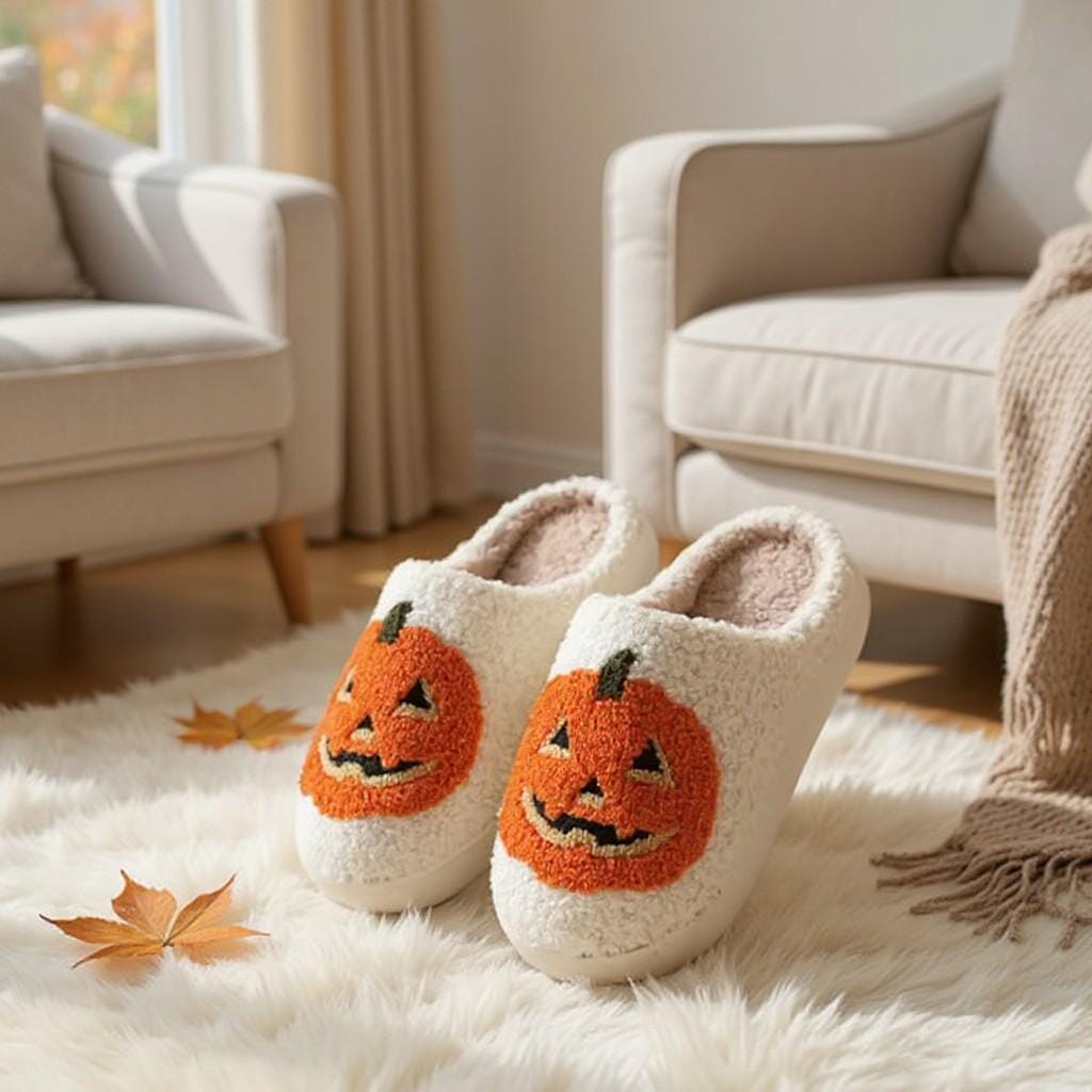 Pumpkin Slippers, Jack O Lantern House Shoes, Fuzzy Halloween Slippers