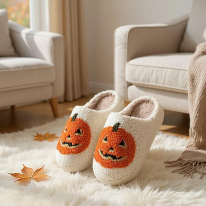 Pumpkin Slippers, Jack O Lantern House Shoes, Fuzzy Halloween Slippers
