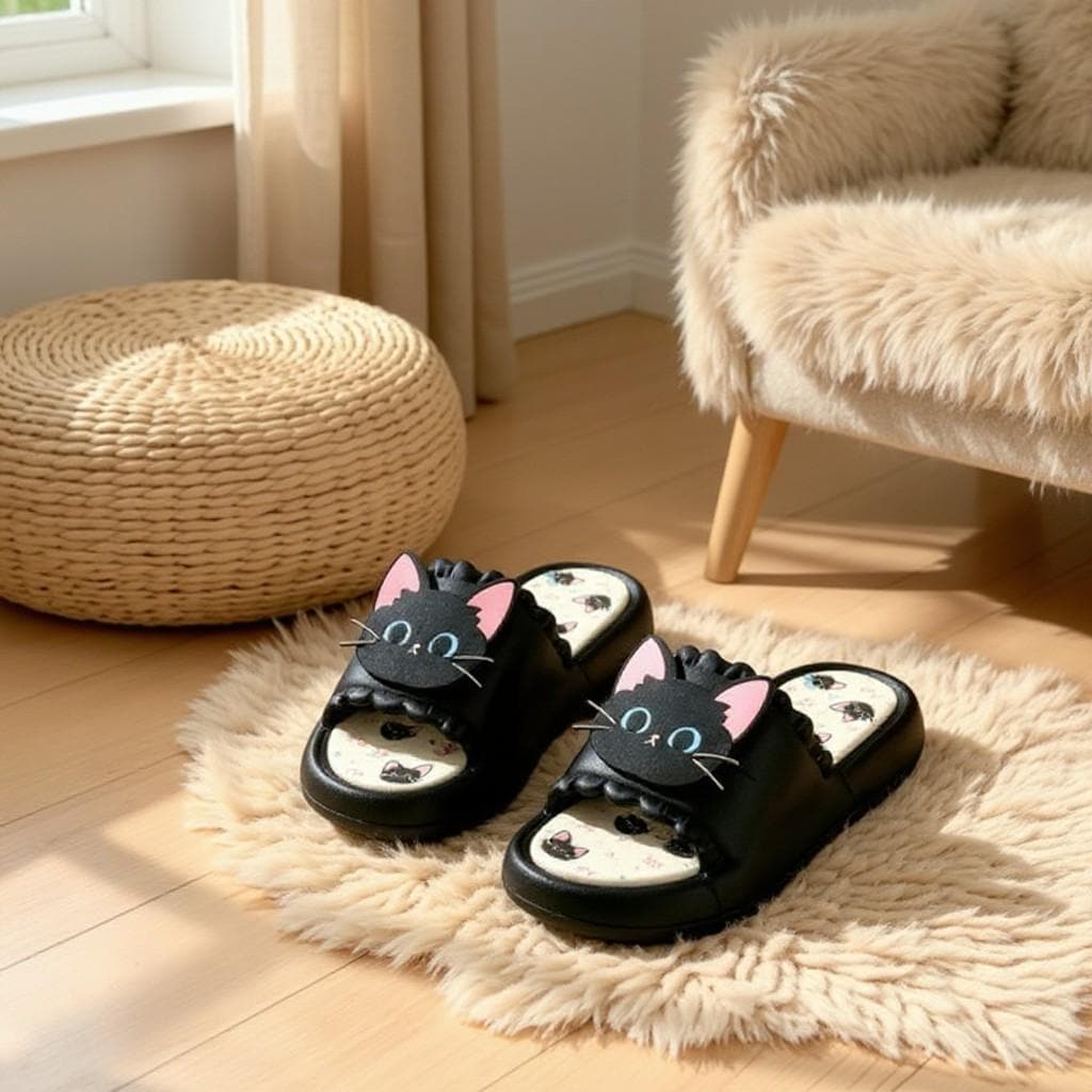 Cute Cat Slippers, Black Cat Slides, Kawaii House Slippers, Women's Indoor Slippers, Funny Cat Shoes, Cozy Summer Slides, Gift for Cat Lover