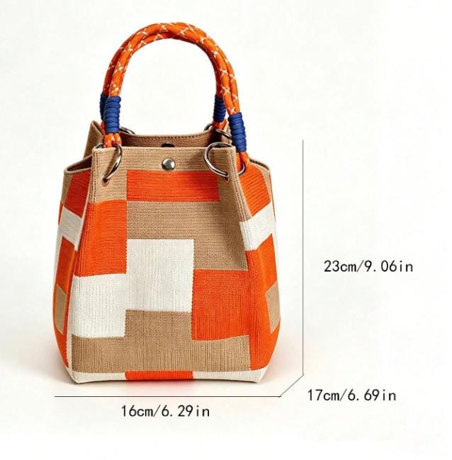Geometric Tote Bag, Orange Beige Canvas Handbag, Woven Shoulder Bag, Color Block Purse, Rope Handle Bag, Everyday Summer Tote