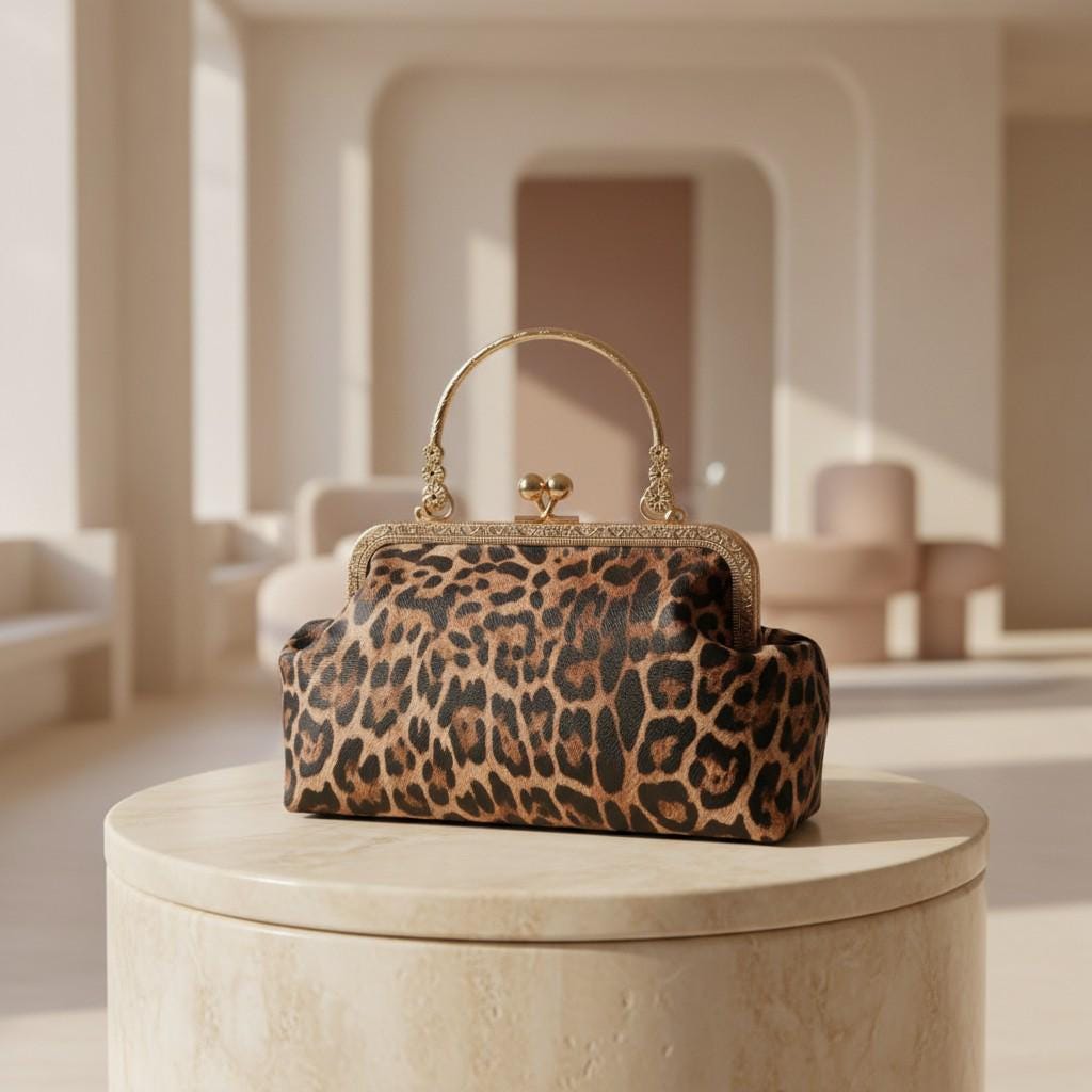 Leopard Print Frame Bag, Vintage Kiss Lock Handbag for Women, Animal Print Purse, Small Top Handle Bag