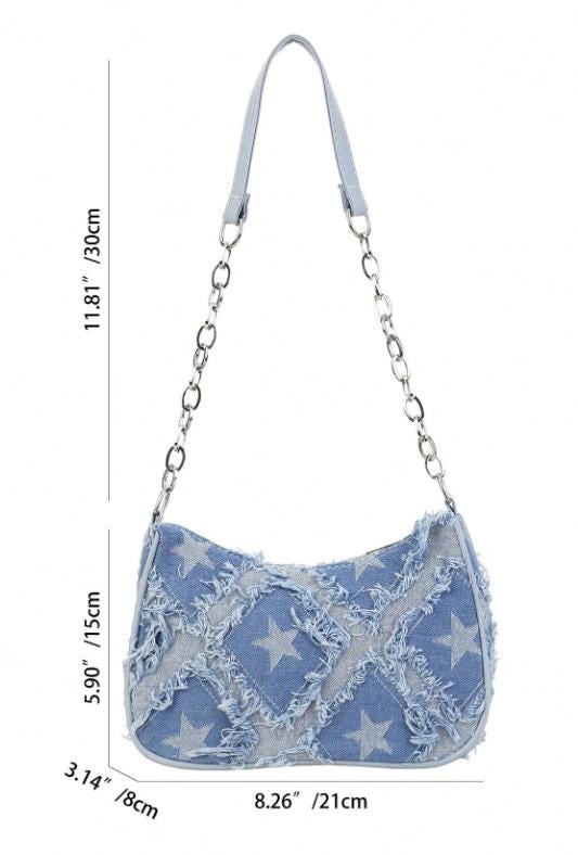 Blue Denim Star Shoulder Bag, Distressed Baguette Purse, Y2K Chain Handbag, Frayed Jean Bag, Women's Small Shoulder Bag